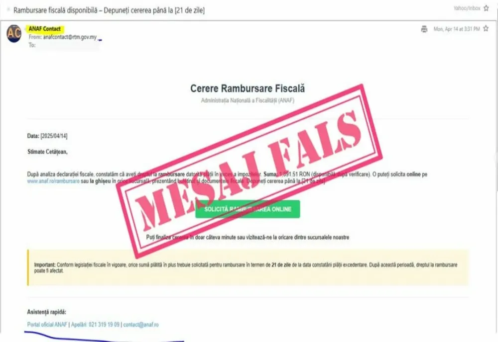 NOUĂ CAMPANIE DE MESAJE ÎNȘELĂTOARE ÎN NUMELE FISCULUI