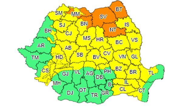 COD GALBEN de instabilitate atmosferică, pentru județul Harghita