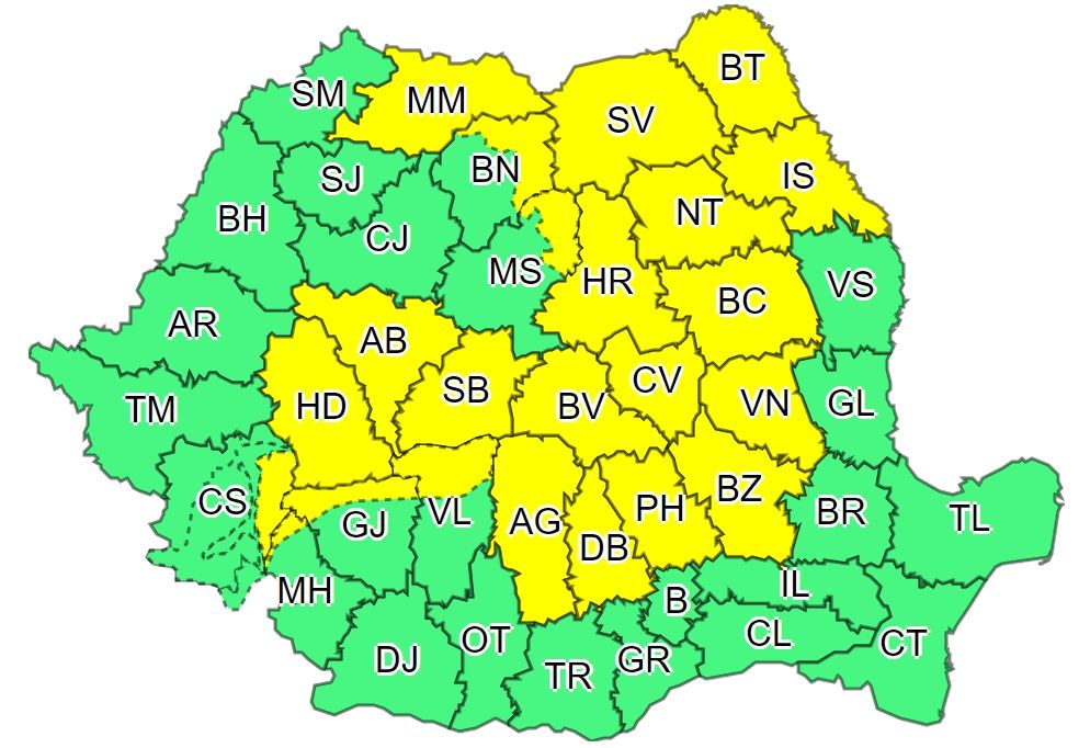 COD GALBEN de vijelii şi ploi torenţiale în 21 de judeţe, inclusiv Harghita