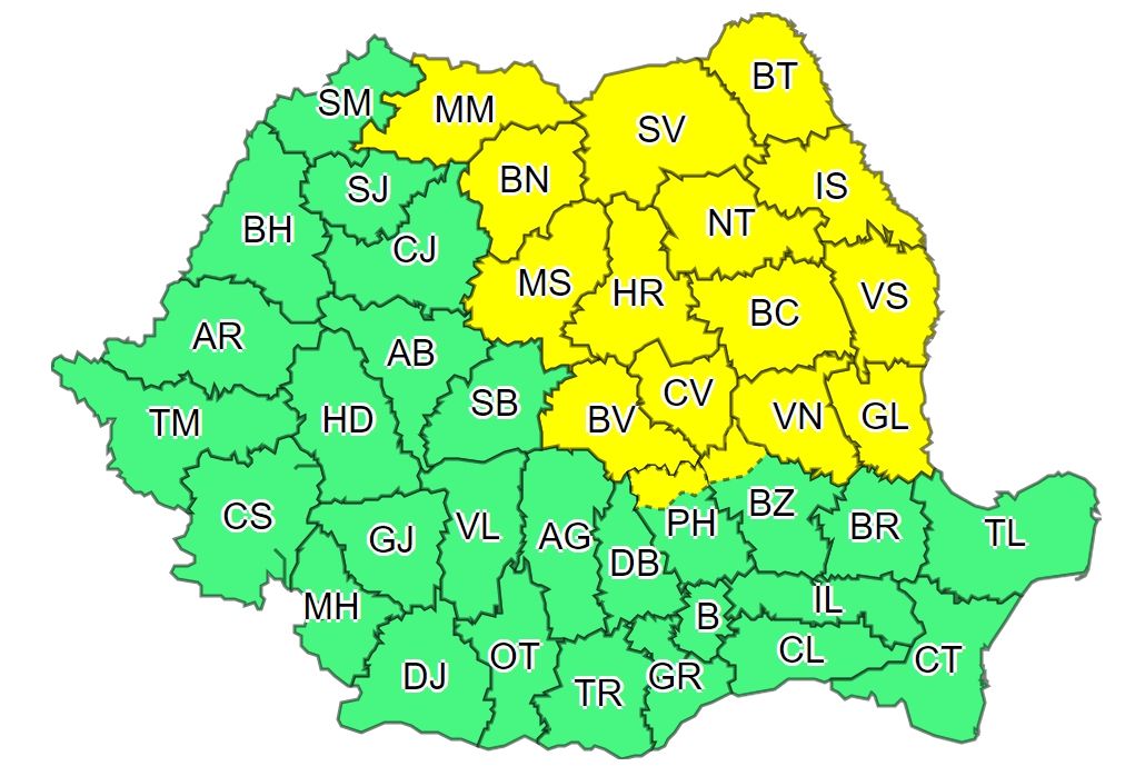 COD GALBEN de instabilitate atmosferică în 16 judeţe, inclusiv Harghita