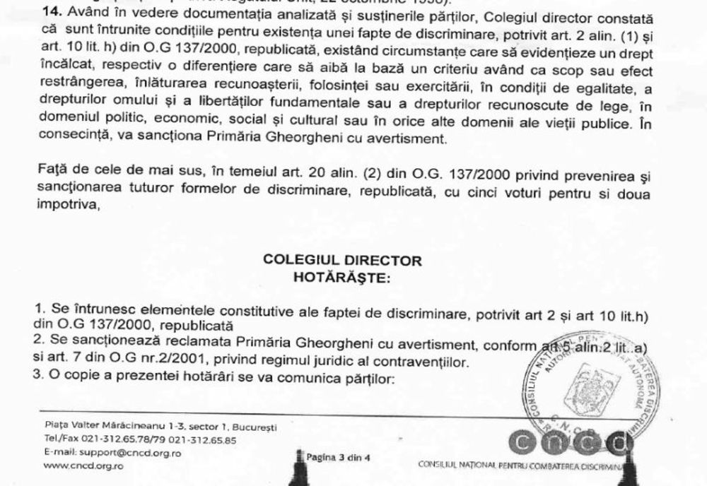 Primăria Gheorgheni a fost sancționată pentru discriminare