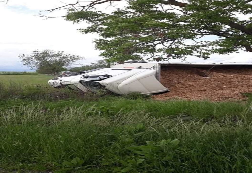 Autocamion încărcat cu rumeguş răsturnat pe DN 13A, lângă Staţiunea Homorod