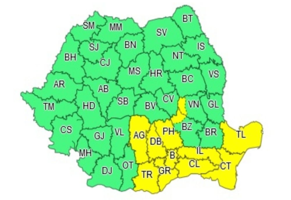 Alertă meteo. Cod galben de fenomene extreme: furtuni cu grindină