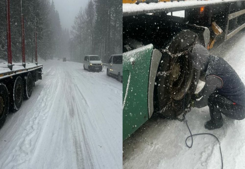 VIDEO TRAFIC ÎN CONDIȚII DE IARNĂ, ÎN JUDEȚELE BRAȘOV, COVASNA ȘI HARGHITA. TRAILER MILITAR BLOCAT PE DN1